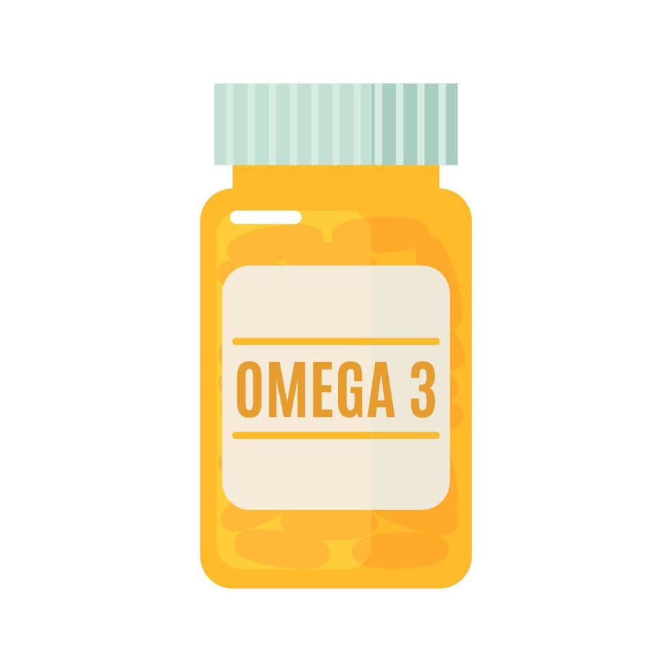 A bottle with omega 3 capsules in flat style isolated on white background. Fish oil supplement. Vector illustration.