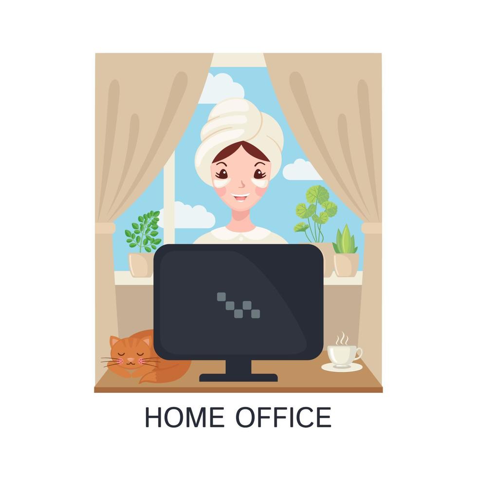 joven adulta linda mujer vestida de casa trabajando en casa con computadora en estilo plano aislada en fondo blanco. personaje femenino independiente con gato y una taza de té o café. ilustración vectorial. vector