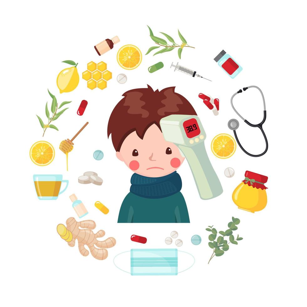 chico lindo con gripe y alta temperatura en estilo plano aislado sobre fondo blanco. personaje de niño enfermo con medicación para la gripe. ilustración vectorial vector