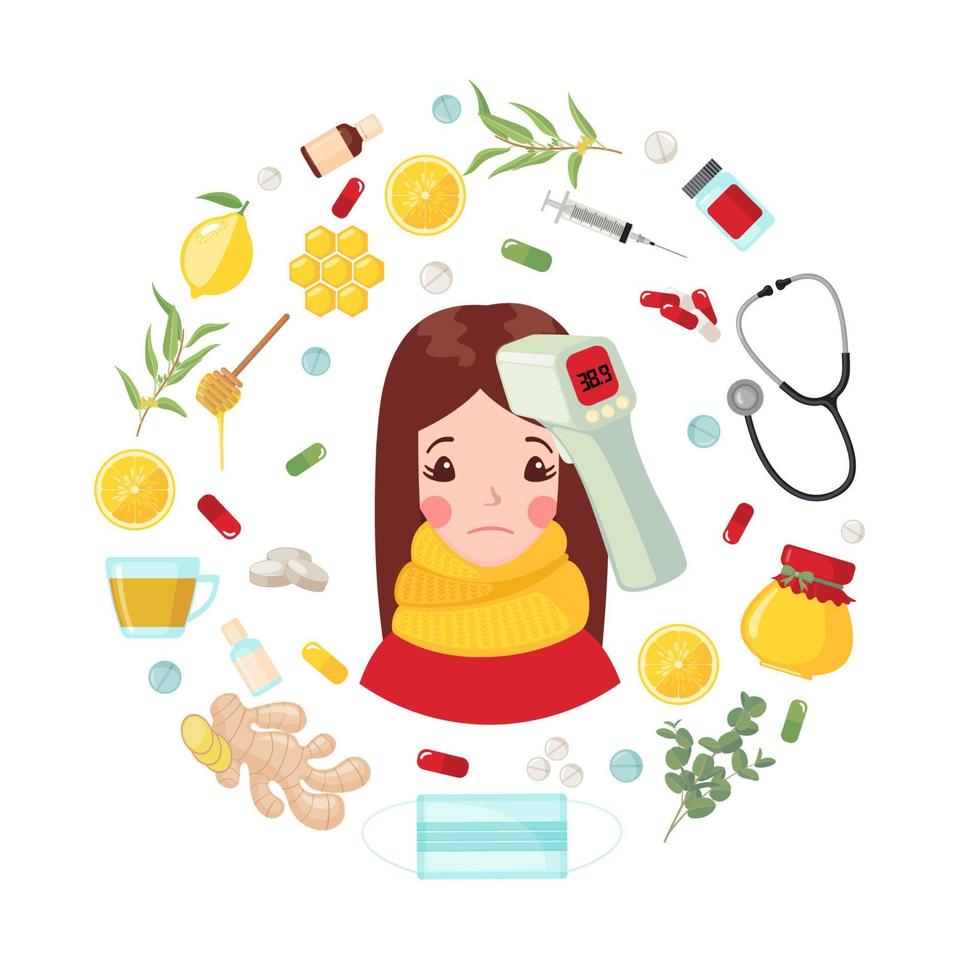 Young woman with flu and high temperature in flat style isolated on white background. Sick male character with flu medication. Vector illustration.