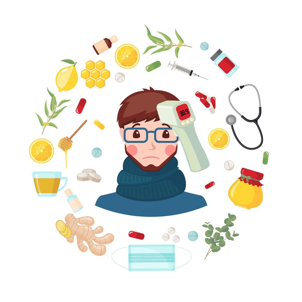 joven con gripe y alta temperatura en estilo plano aislado sobre fondo blanco. personaje masculino enfermo con medicamentos para la gripe. ilustración vectorial vector