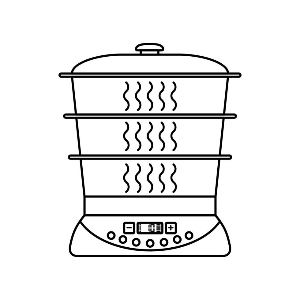 Food steamer outline vector icon isolated on white background. Household appliance in line art style. Kitchen item. Vector illustration.