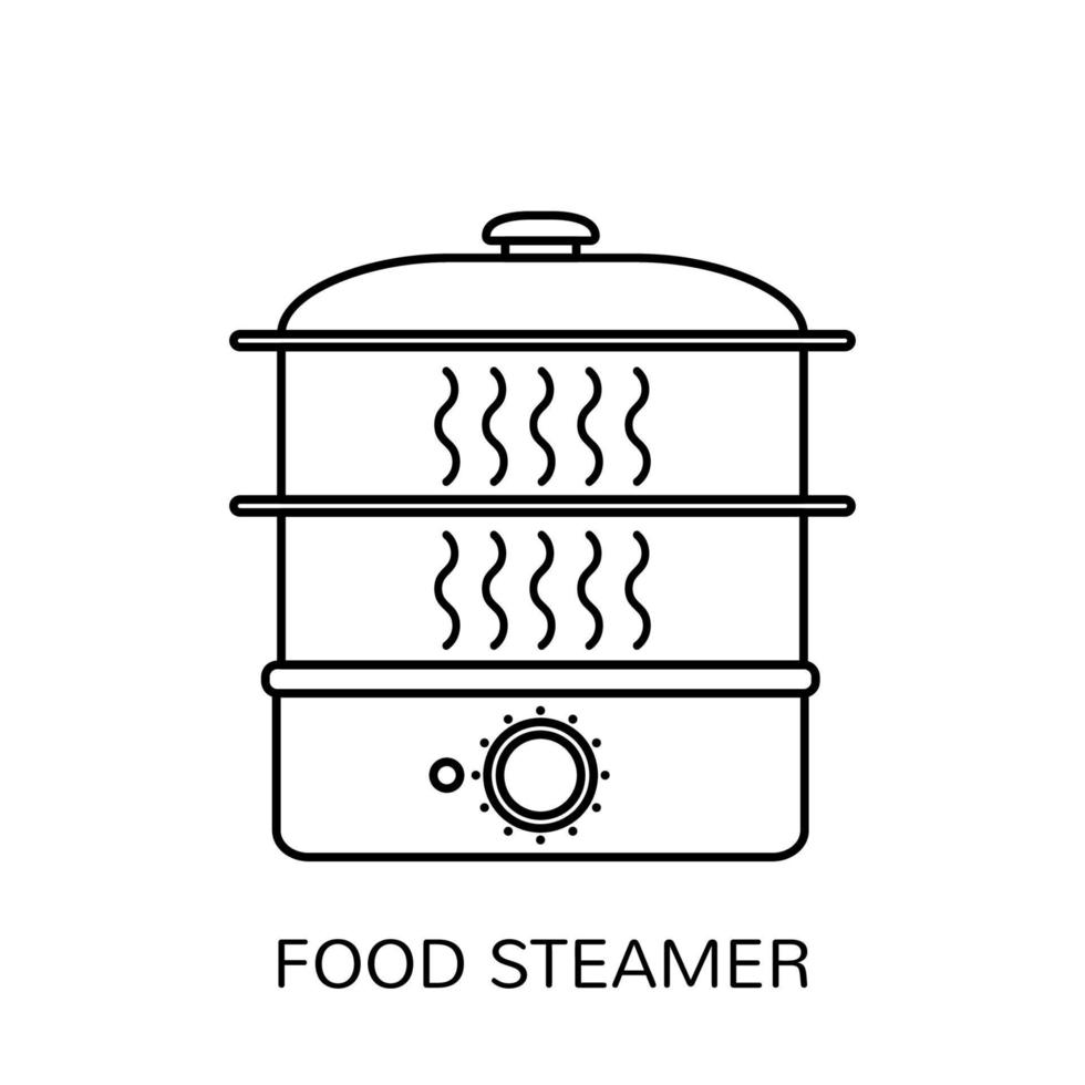 Food steamer outline vector icon isolated on white background. Household appliance in line art style. Kitchen item. Vector illustration.