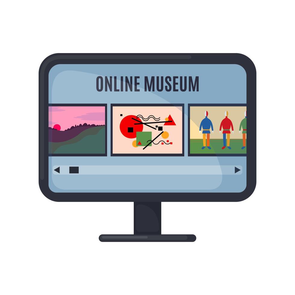 Computer monitor with art gallery on screen in flat style isolated on white background. Online museum concept. Stay at home. Online excursion. Vector illustration.