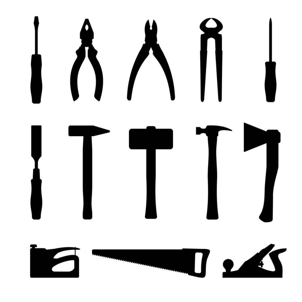 Carpenter tools silhouettes set in flat style isolated on white background. Vector illustration.