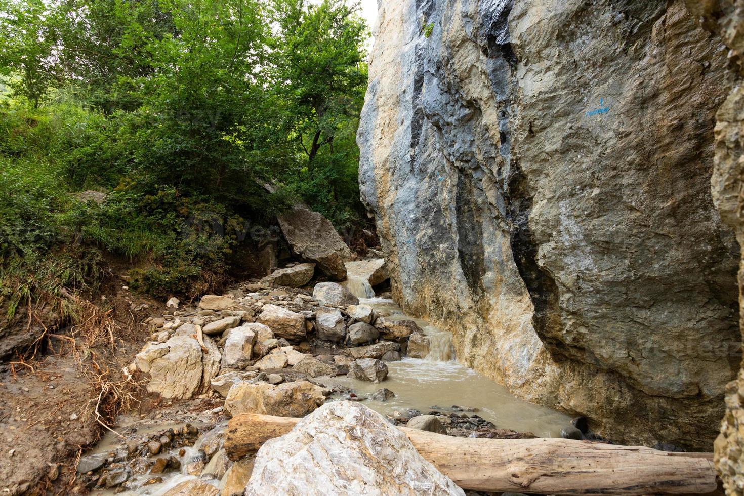 Dirty mountain river after rain, among wild rocks. photo