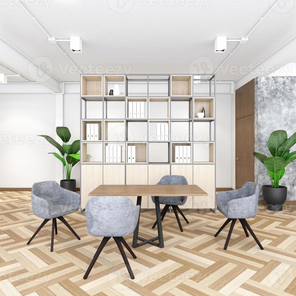 Industrial minimalist style meeting room with conference table, wood floor and concrete wall. 3d rendering photo