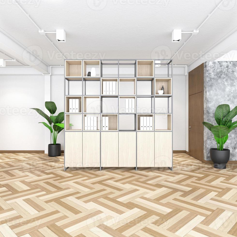 Industrial minimalist style empty room with wood cabinet, wood floor and white concrete wall. 3d rendering photo