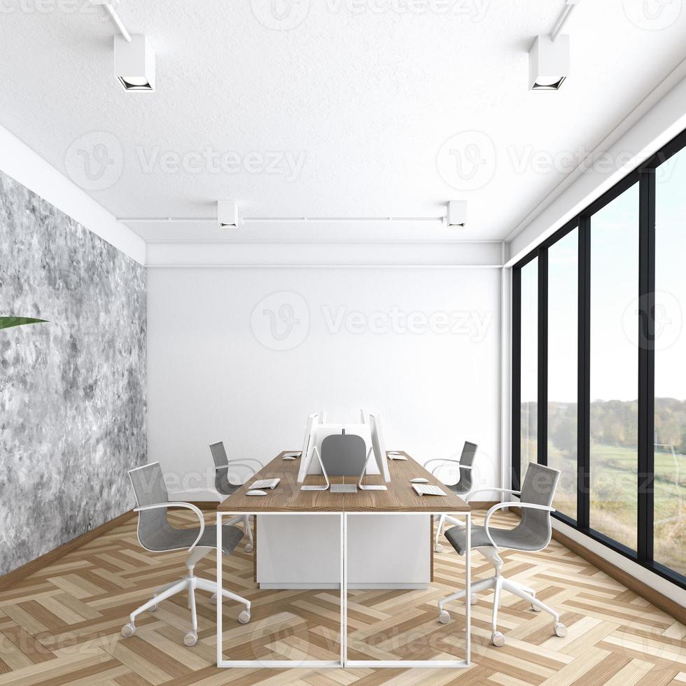 sala de oficina de estilo industrial minimalista con escritorio de madera, suelo de madera y pared de hormigón. representación 3d foto