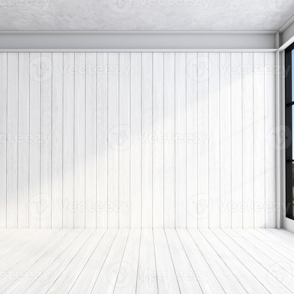 Minimalist empty room with white wood and wood floor. 3d rendering photo