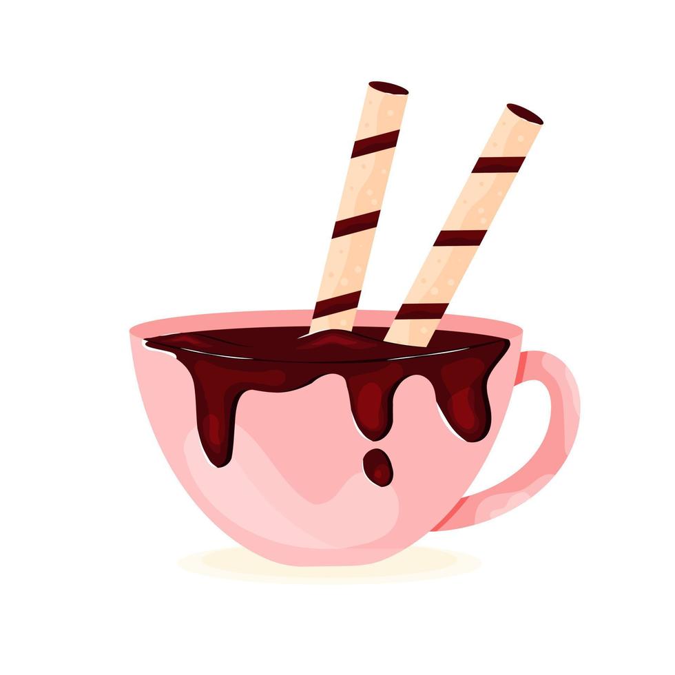 Porcelain Hot Chocolate Cup with Wafer Sweet Tubes Concept Coffee Shop vector