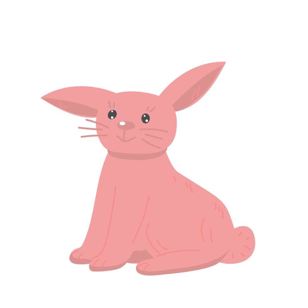 Adorable pink rabbit. Cute bunny sitting. Domestic animal. Colored flat vector illustration isolated on white background.