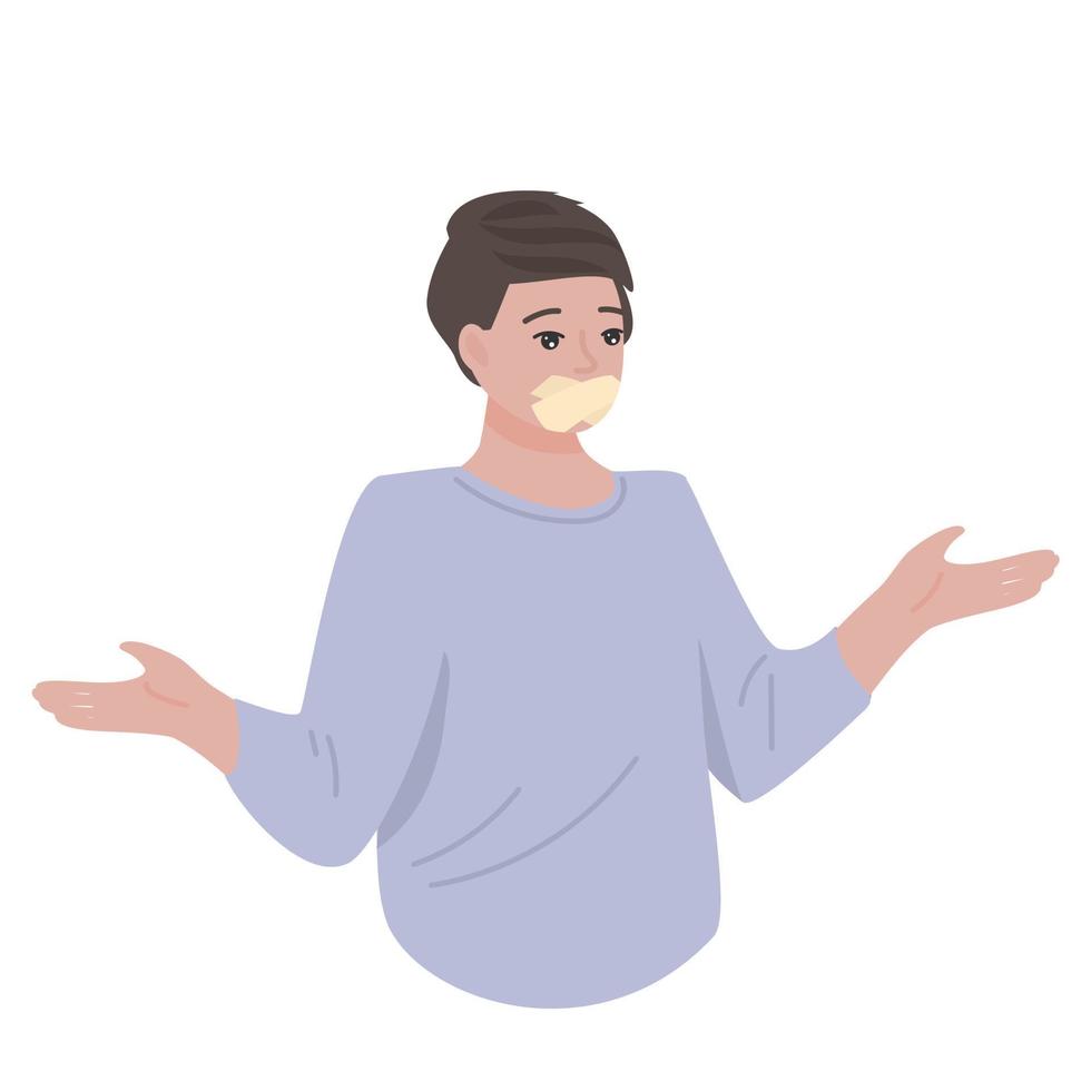 Frustrated voiceless speechless guy have adhesive tape mouth cant speaking. Isolated on white background vector illustration.