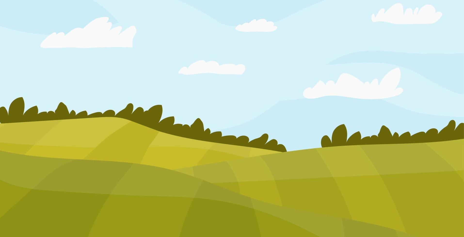 Farmers field on agricultural land. Natural landscape with green fields, green forest vector illustration.