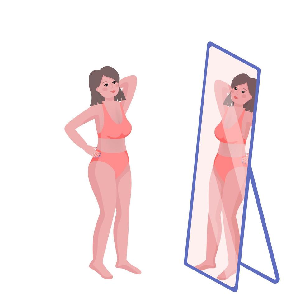 Happy beautiful woman looking to mirror. Self-love and acceptance concept. Self-perception. Flat vector illustration isolated on white background.