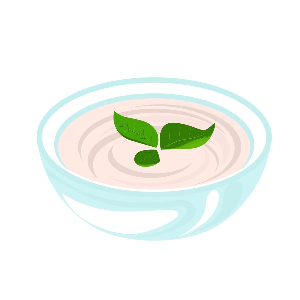 Vector illustration of mushroom soup in ceramic bowl and green leaves. Isolated on white background vector illustration.