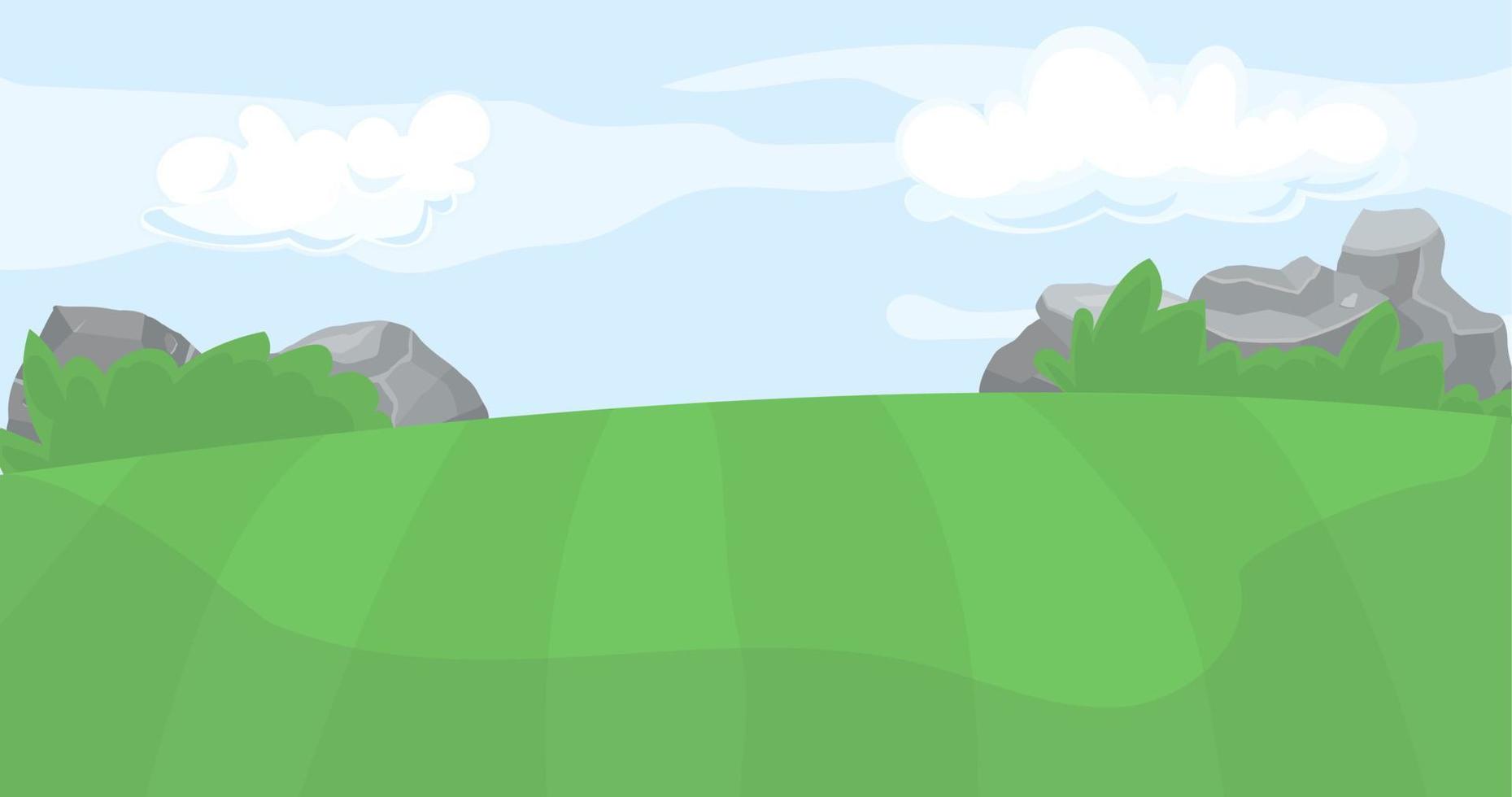 paisaje de verano con campos verdes, bosques y enormes rocas. paisaje natural con campos verdes ilustración vectorial. vector