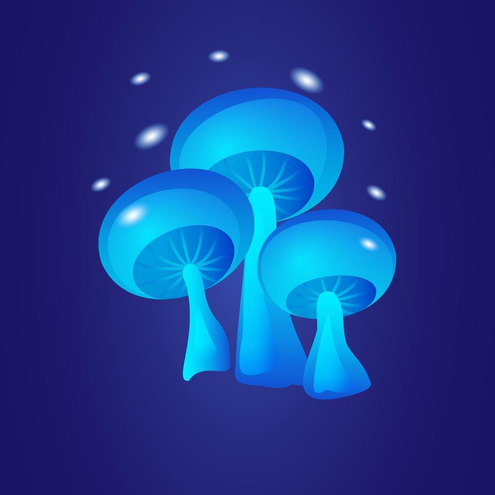 Fantastic glowing blue mushrooms on dark backdrop vector illustration.
