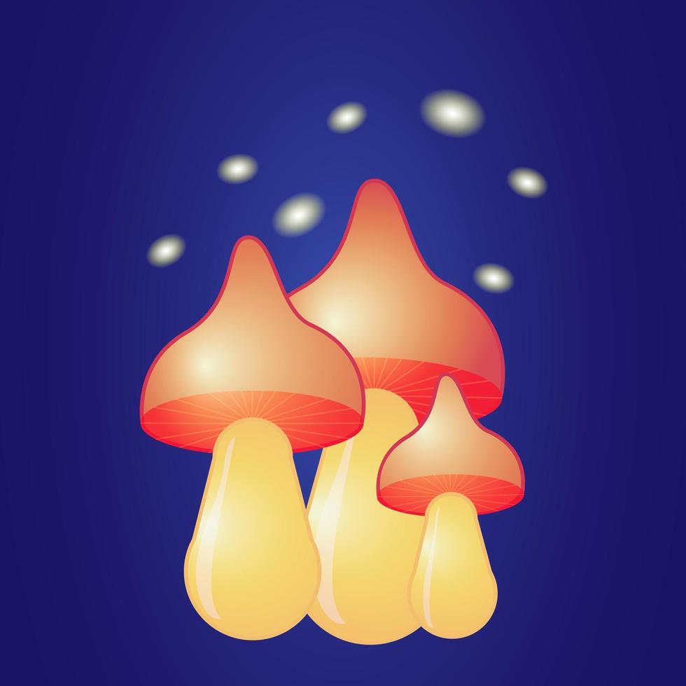 Fantastic glowing orange mushrooms on dark backdrop vector illustration.