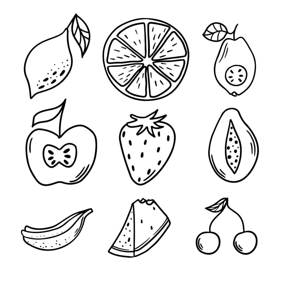 Cute fruits nd berries set in Doodle style. Isolated Vector illustration.