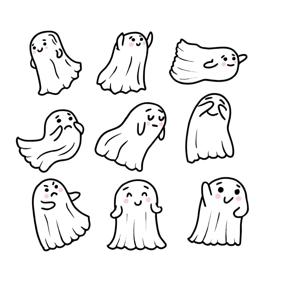 Ghosts collection in cute doodle style. Funny ghosts with different emotions. Vector illustration on white background. Halloween characters set. Trick or treat.