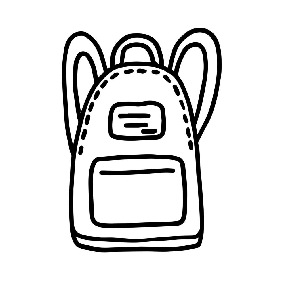 Backpack in doodle style. Hand drawn image for print, sticker, web, various designs. Vector element for the themes of school, travel, vacation, tourism.