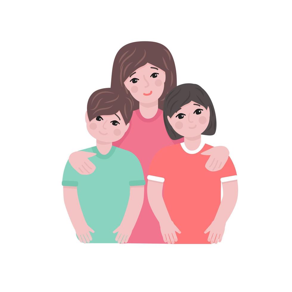 Mother hugging son and daughter. Happy family on a white background. vector