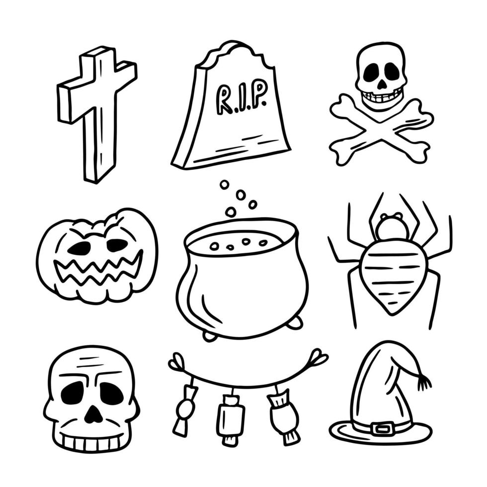 Hand drawn Halloween traditional symbols in Doodle style. Pumpkin, spider, hat, candy, skulls, magic potion pot and etc. Isolated vector on white background.