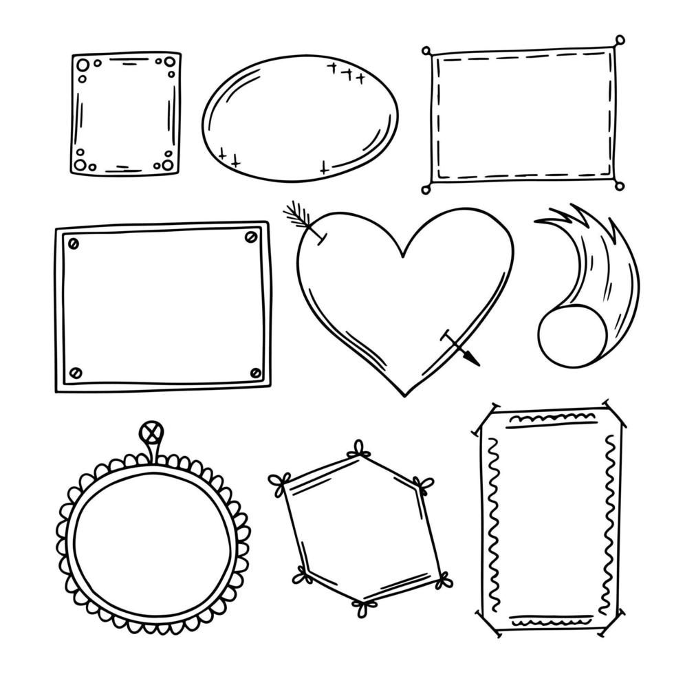 Hand drawn simple frames collection. Different shaped frames. heart, square, oval. Isolated vector illustration for your banner design in Doodle style.