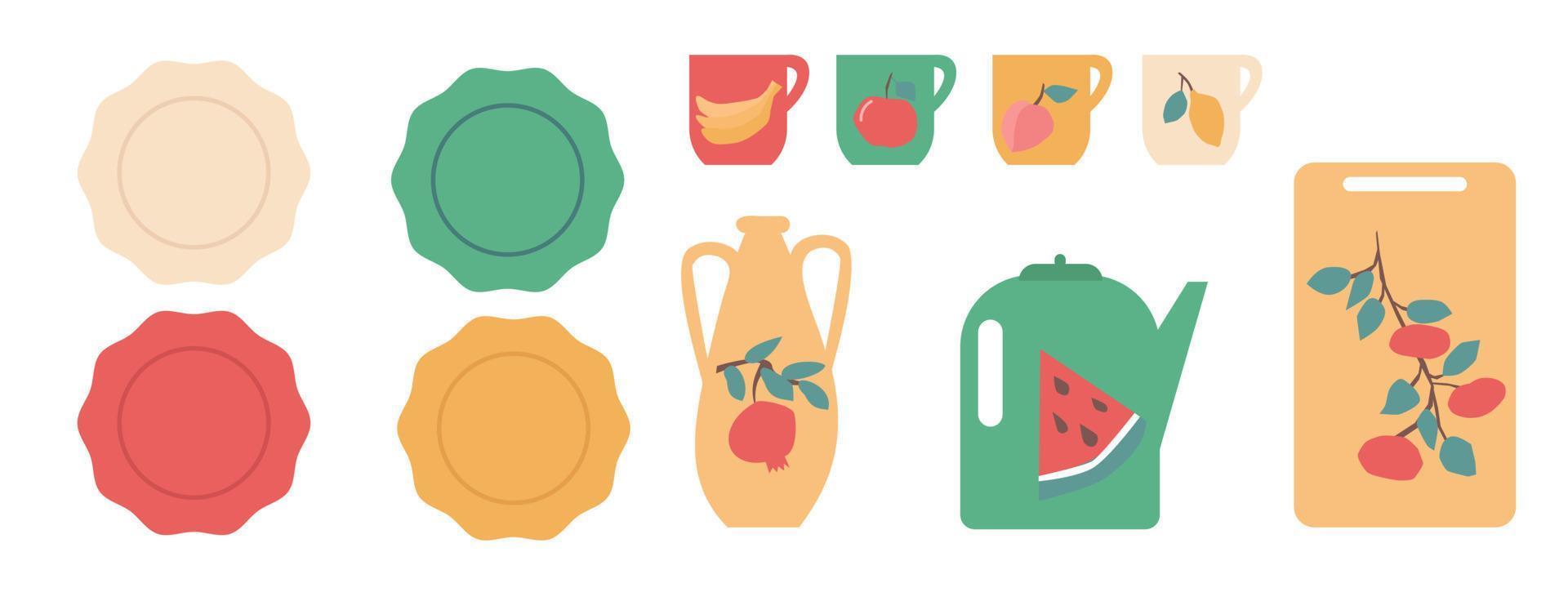 Colorful kitchen ware decorated with fruites set vector illustration.