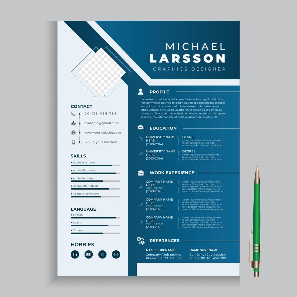 Simple and stylish blue cv, resume template vector