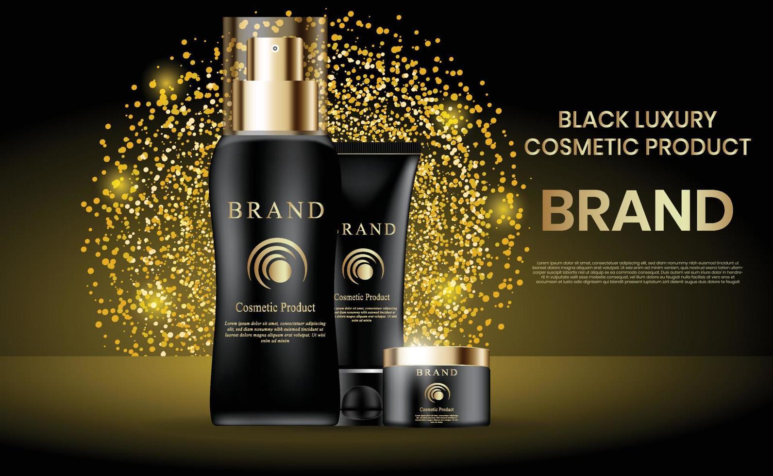 Black luxury Cosmetics products with golden glitter vector illustration