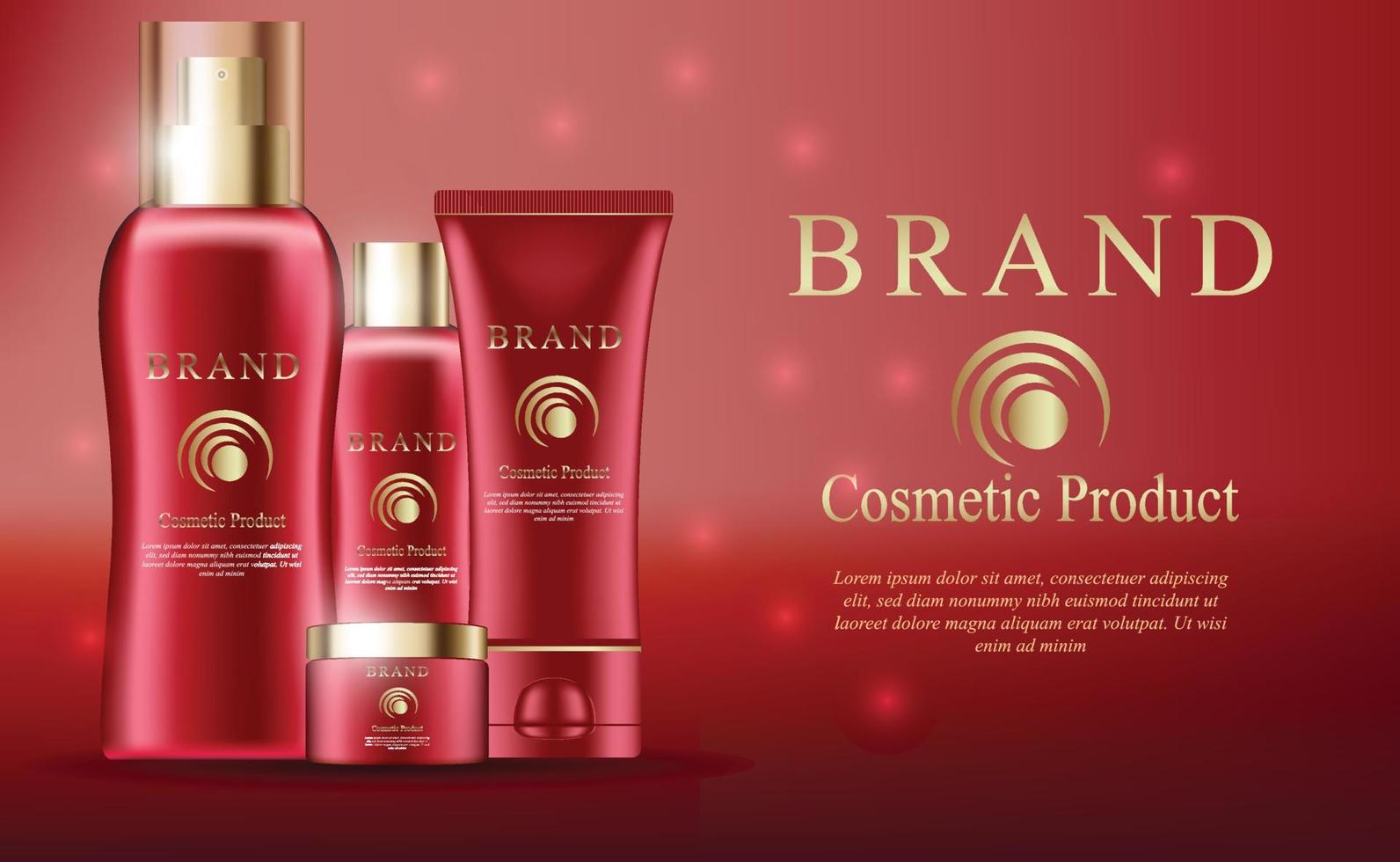 Red cosmetics vector, cosmetics skin care cream, perfume with red glitter background vector illustration
