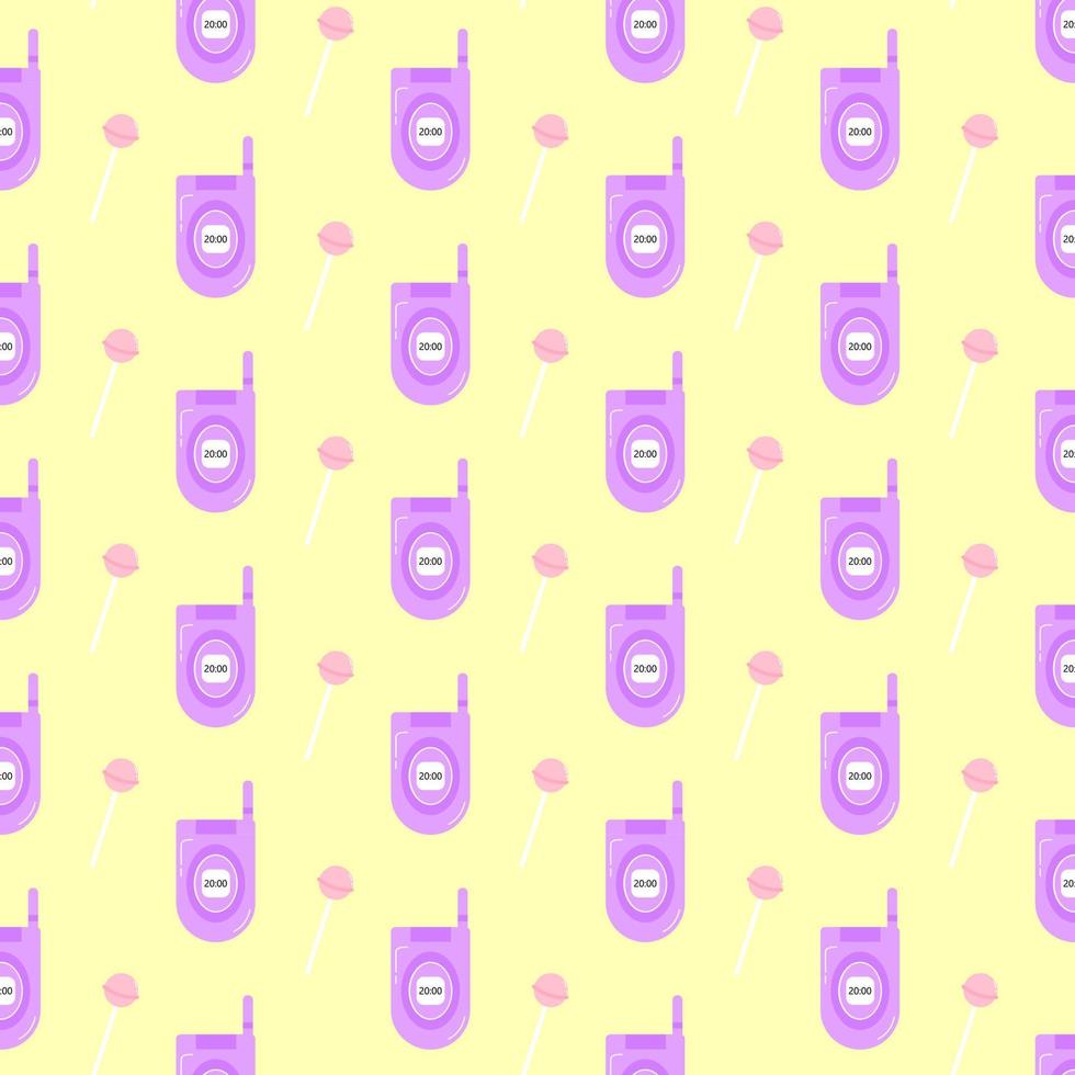 Y2k old mobile pattern. Old purple mobile phone and pink lollipop on yellow background. 2000s retro pattern. Template for design. Vector illustration in flat style.