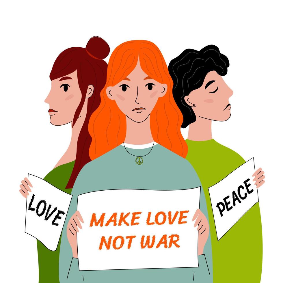 Protest against war concept. Three women protest against war with placards. Make love not war slogan. Pacific concept. Vector illustration in flat style.