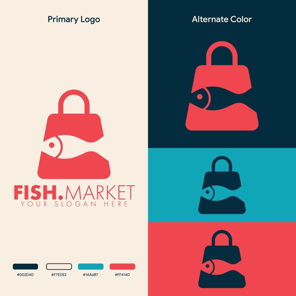 simple minimalist fish shopping bag logo design vector