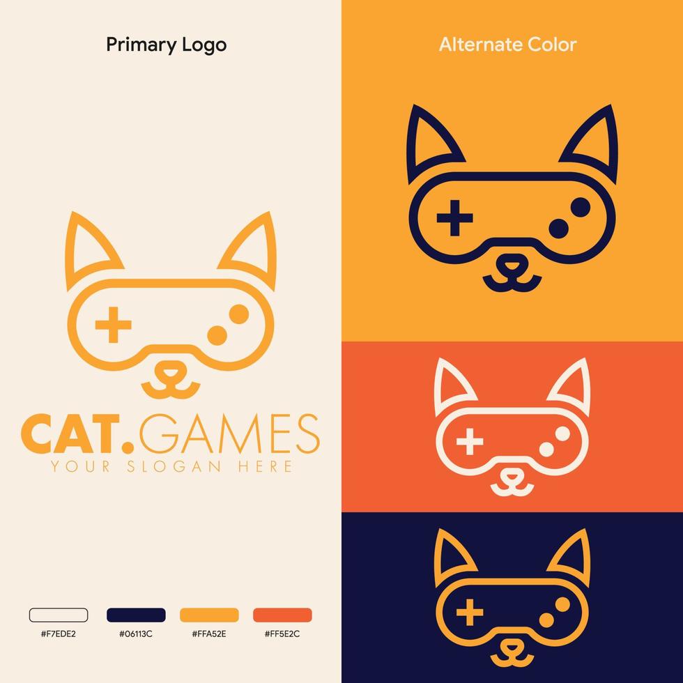 simple minimalist cute cat joystick gamepad gaming logo design vector