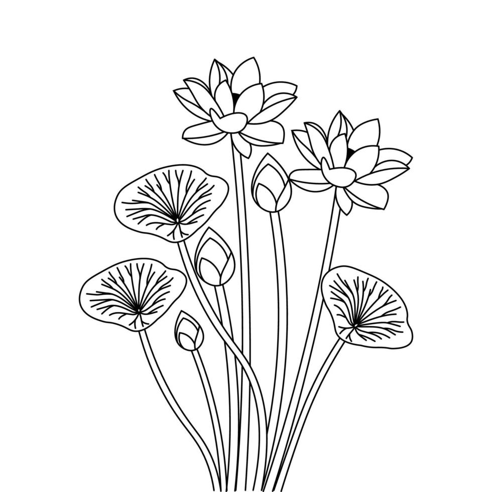 pétalo floreciente de loto con hoja para colorear para niños ilustración de elemento educativo vector