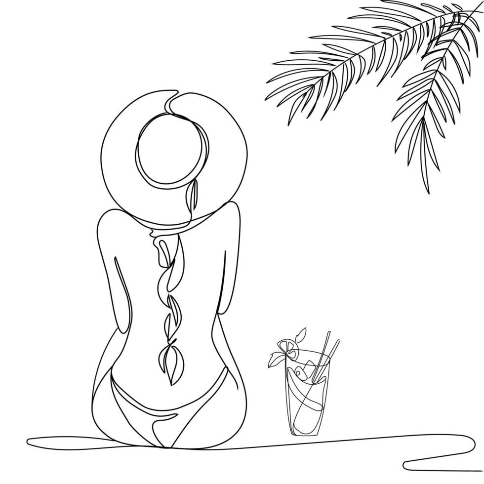 mujer joven con un cóctel en la playa sentada. ilustración de vector de arte de línea. dibujo de línea continua de una niña en un sombrero bajo palmeras vista trasera. vacaciones de verano. concepto de verano