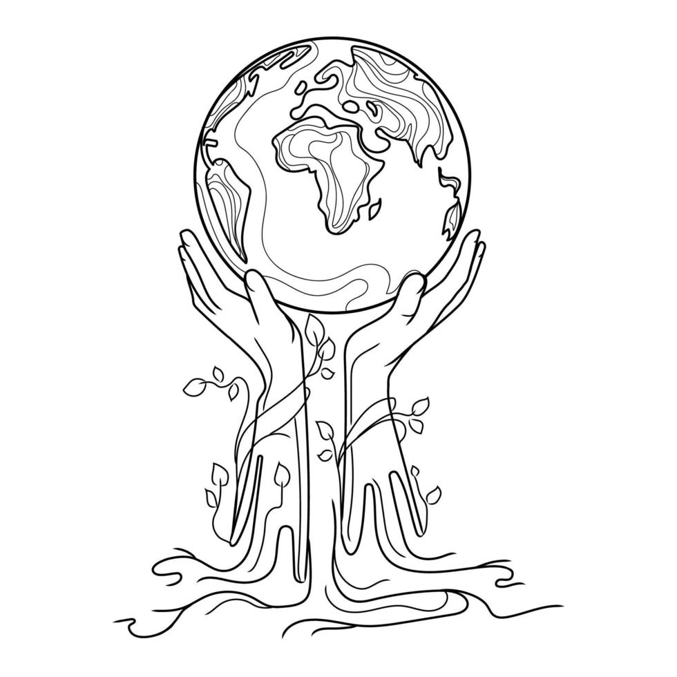 guardar el concepto mundial dibujo de líneas aisladas, diseño de ilustración vectorial. manos ahuecadas con ramas y hojas sostienen el planeta tierra dibujo en blanco y negro cambio climático.concepto ambiental. vector