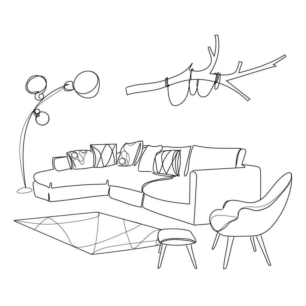 Ilustración de vector interior de sala de estar moderna. lugar de ocio para relajarse con sofá y silla de almohadas, lámpara de pie y rama de decoración en la pared dibujo de bocetos en blanco y negro. muebles modernos