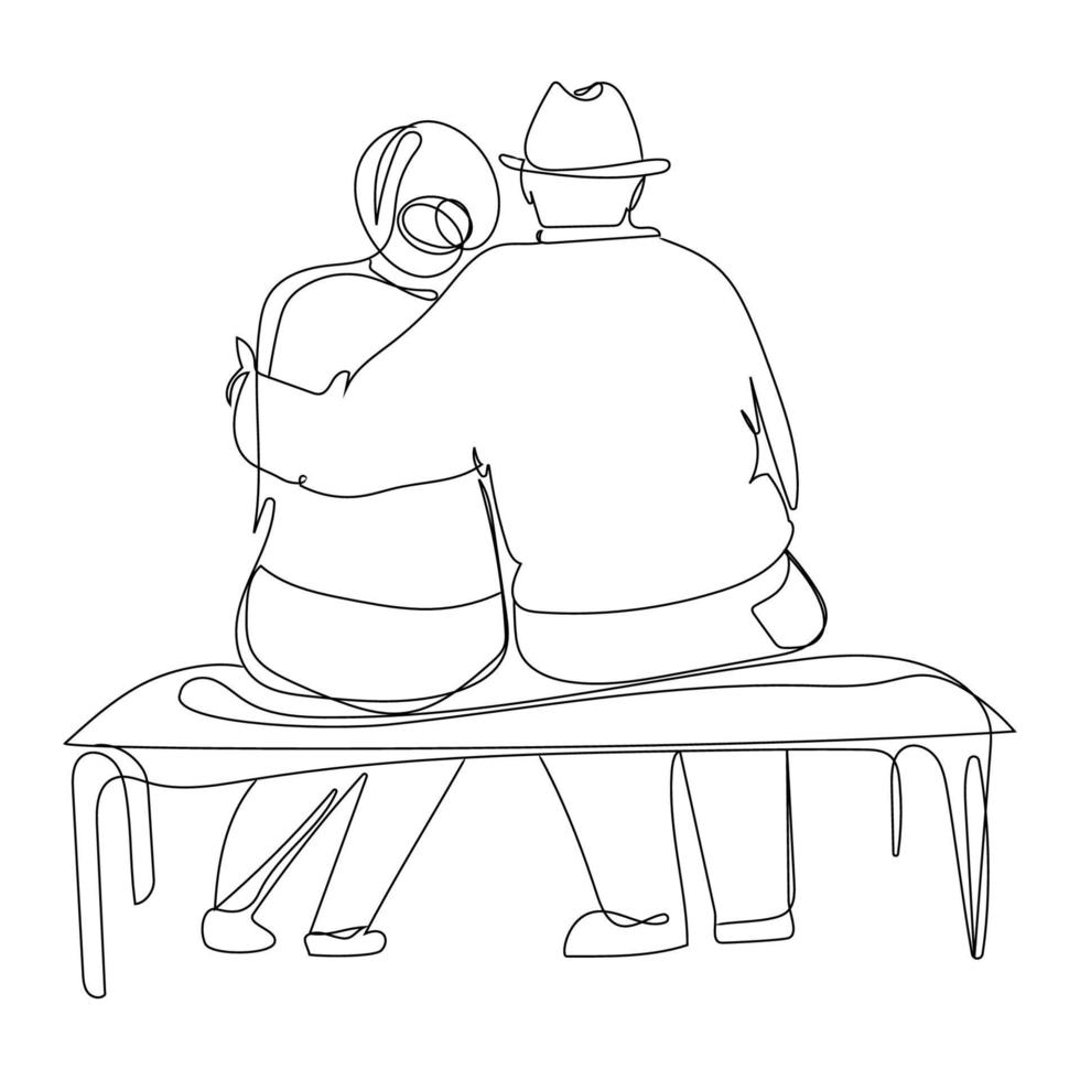 Elderly couple.Line art old woman man sitting on bench in city park back view vector illustration continuous line drawing.Happy grandparents