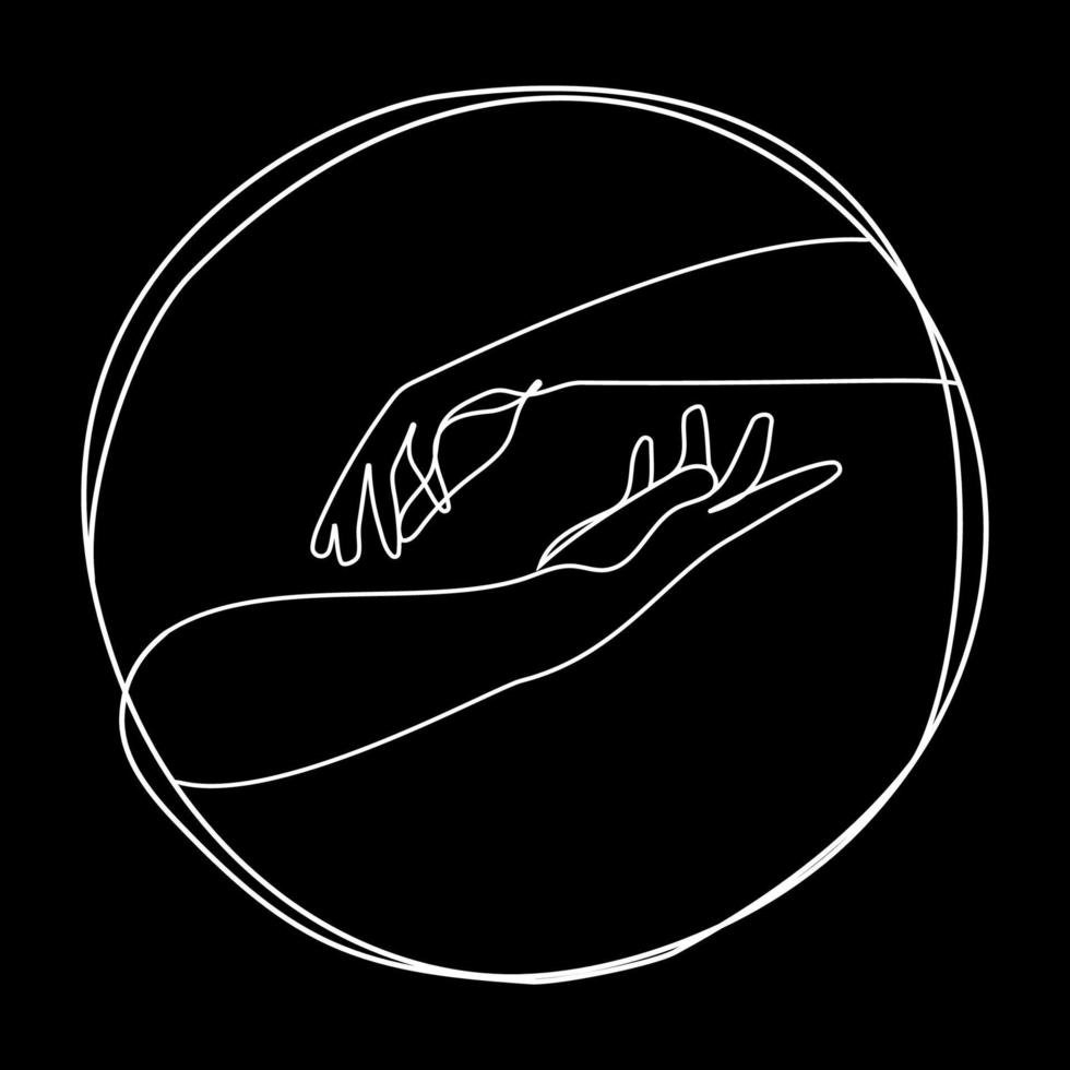 Line art icon of two human hands reaching towards each other Outline graphic element.Monochrome vector illustration.White continuous line two hands on a black background.Support,help,care,love concept