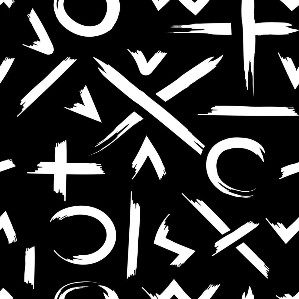 Crosses dashes zigzags brush strokes seamless pattern.Hand drawn white doodle brush on black background vector ink illustration. Painted abstract texture for wallpaper, textile, packaging design