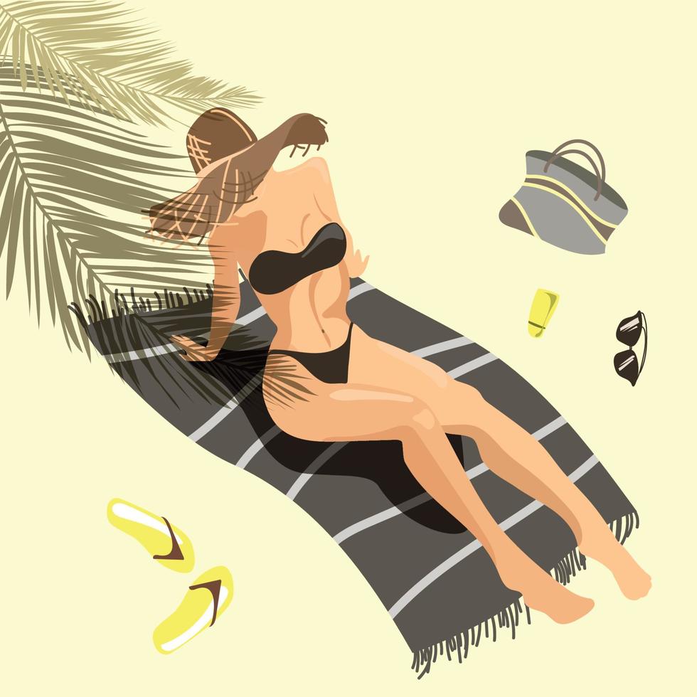 Beautiful young tanned girl in a hat and swimsuit sunbathes on the beach Top view.Vector illustration on the theme of summer holidays. Summer vacation concept.Woman in bikini vector