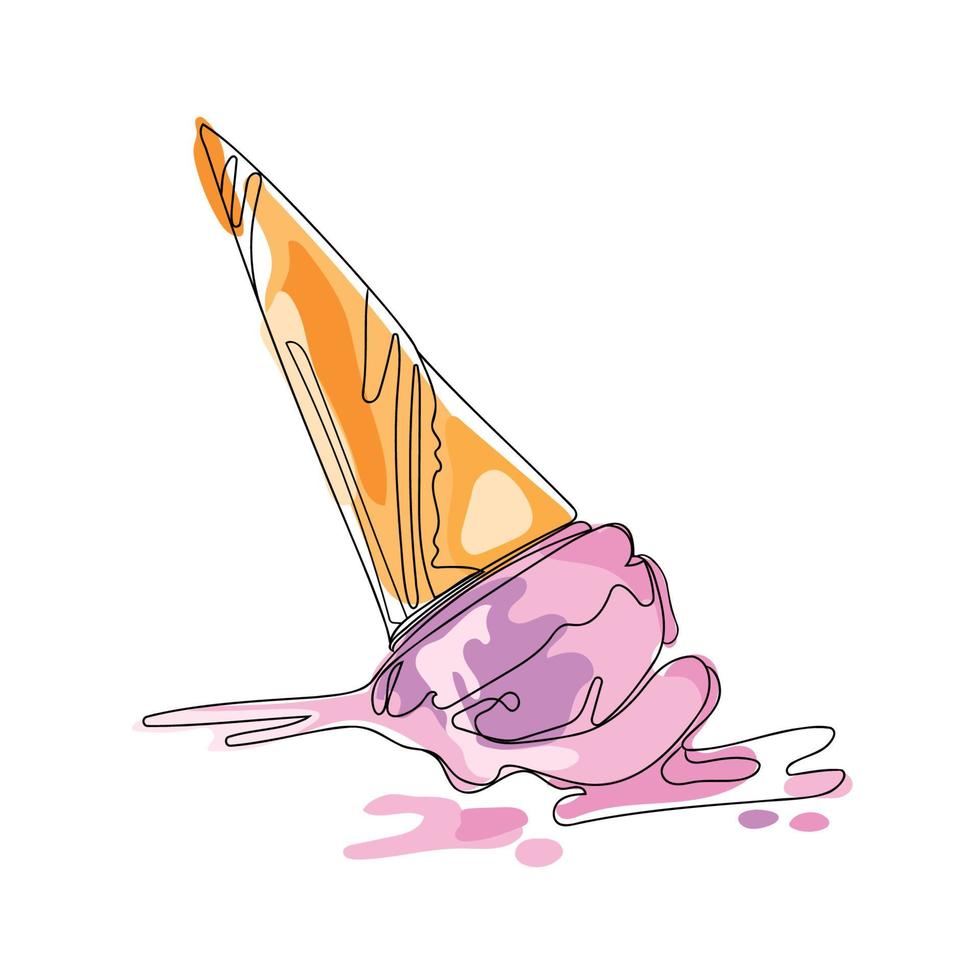 Ilustración de vector de arte de línea minimalista de cono de helado caído aislado sobre fondo blanco. Ilustración de color de helado dibujado a mano. Postre, comida dulce.