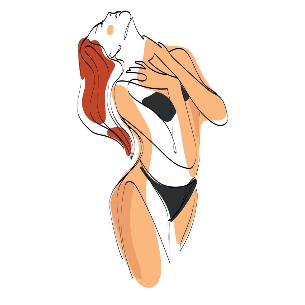 arte de línea mujer bonita en pose sensual, ilustración vectorial abstracta. dibujo de línea continua de una chica en lencería, traje de baño. belleza y moda, concepto de autocuidado. ilustración de arte minimalista vector