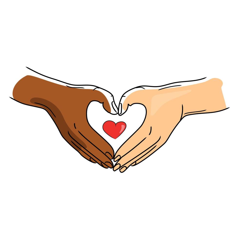 Hands of different skin colors make a heart shape vector illustration on a white background.Two hands in a heart shape sign.Gesture of love and friendliness.Supporting concept