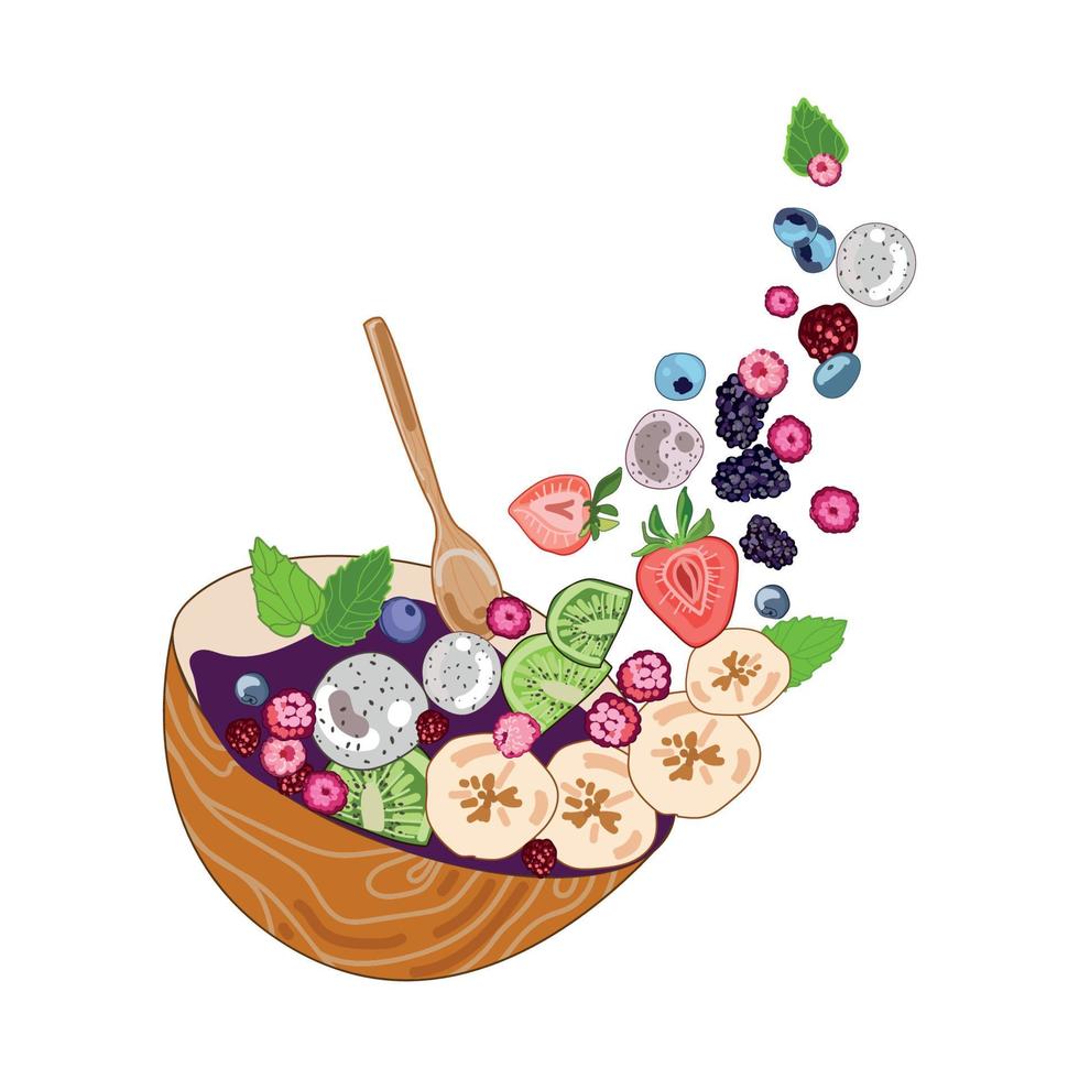 ilustración de vector de ensalada de bayas de frutas. ingredientes que vuelan en el aire en un tazón de madera, dibujo realista de dibujos animados aislado en fondo blanco. dibujo a mano de ensalada dulce de verano. concepto de comida. comida vegana