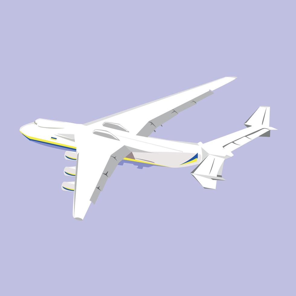 The plane Mriya Antonov 225 AN-225 Mriya, the biggest airplane in the world, vector illustration on blue background. Mriya plane flying in the sky.Ukrainian transport aircraft